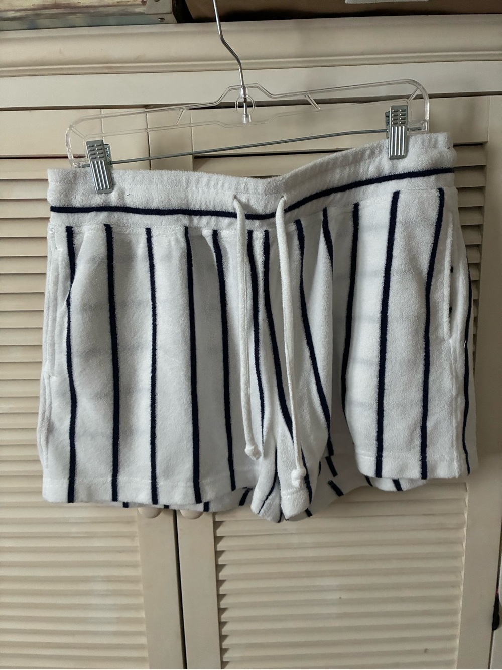 White & Navy Stripe Women's Terry Shorts - Casual Drawstring